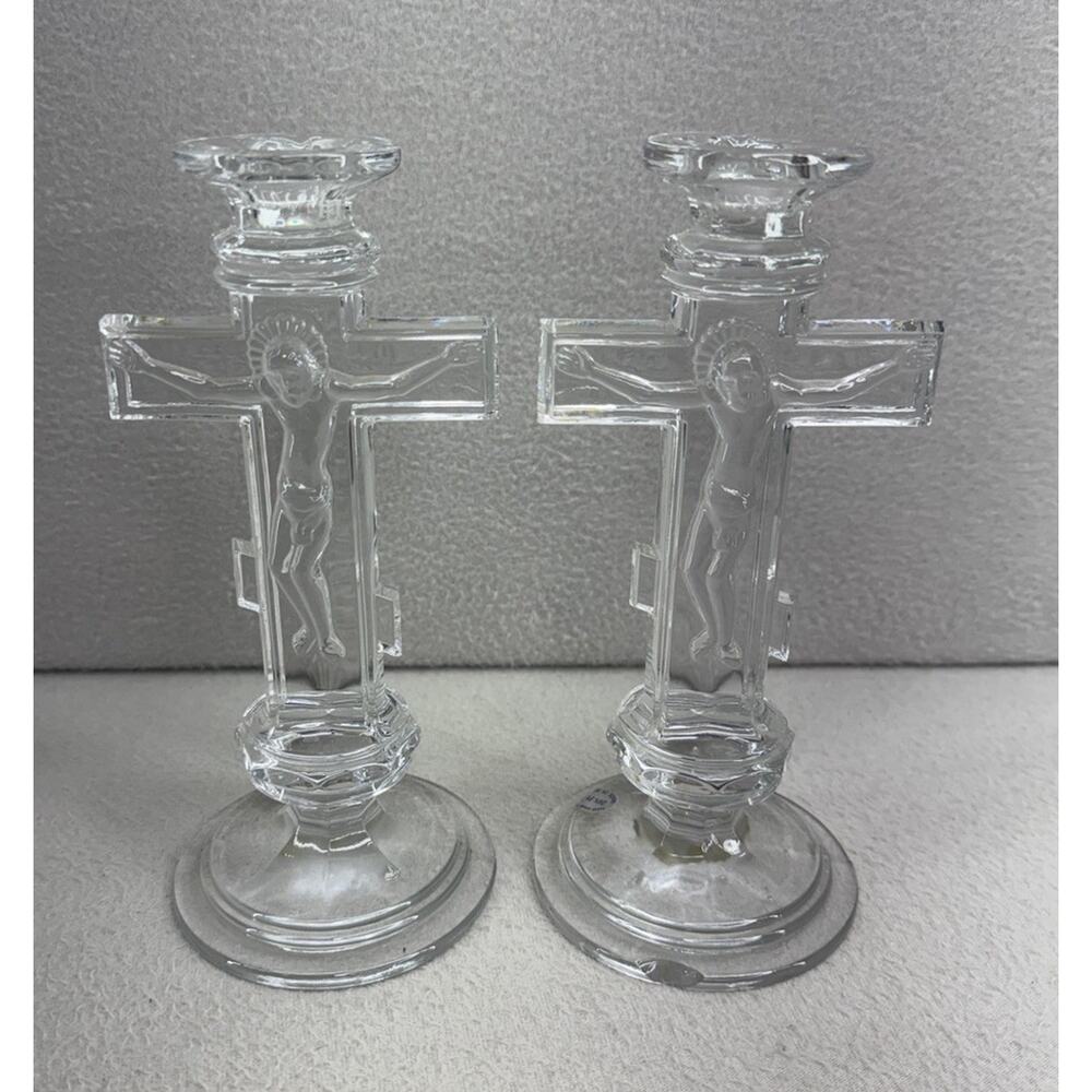 VTG Gusev Russian Crystal Crucifix Candle Holders 24% PbO Set of 2